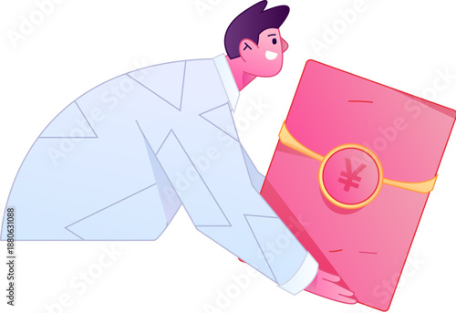Vector flat gradient illustration of a character holding a red envelope and celebrating Chinese New Year.
