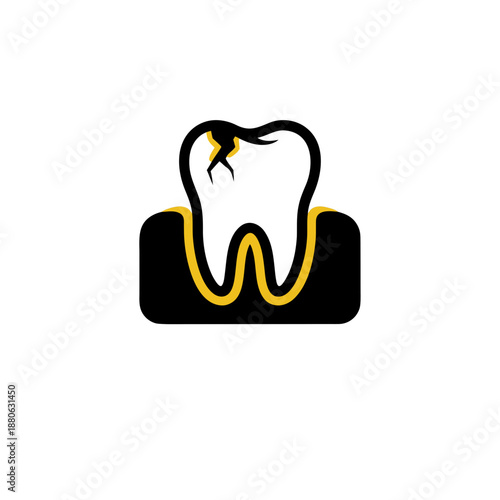 Broken tooth icon with root and gum line, dental care symbol
