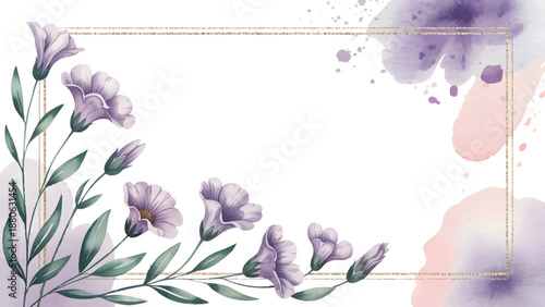 Elegant purple watercolor floral frame with gold geometric border, Lavender botanical border with hand-painted flowers and gold glitter, Romantic purple floral background for wedding invitation