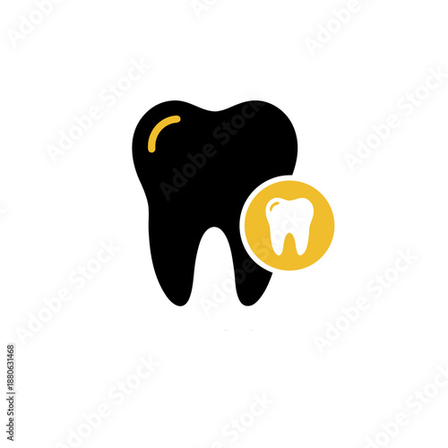 Black molar tooth icon with a smaller white tooth in a yellow circle