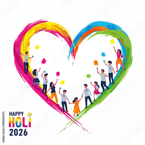Heart Shaped Color Splashes with People Celebrating Holi - Love and Unity 2026