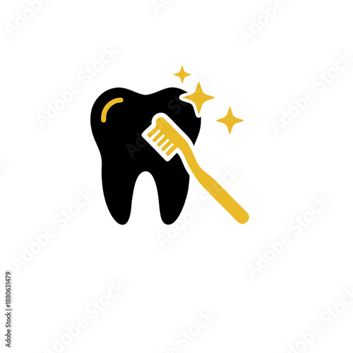 Icon of a tooth being brushed clean with a toothbrush and sparkles