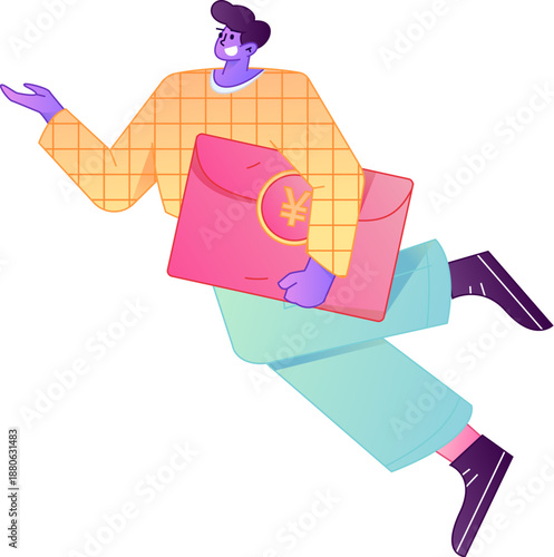 Vector flat gradient illustration of a character holding a red envelope and celebrating Chinese New Year.
