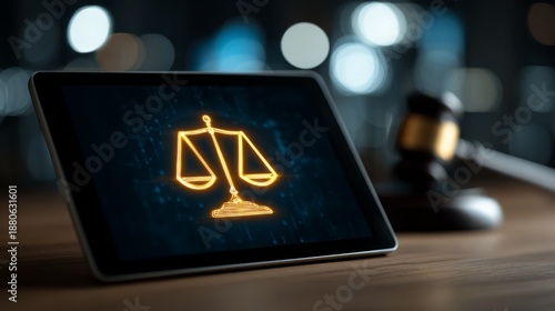 Digital justice scale icon on tablet with gavel