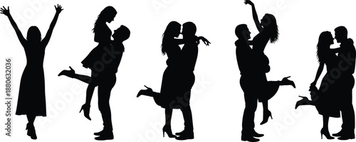 Black silhouette romantic couples kissing hugging dancing celebrating love relationship vector illustration set isolated white background happy moments