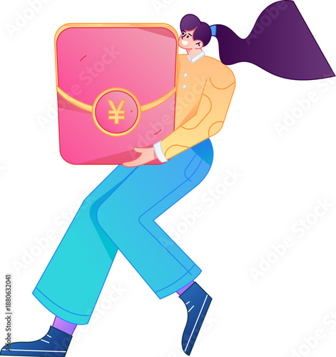 Vector flat gradient illustration of a character holding a red envelope and celebrating Chinese New Year.
