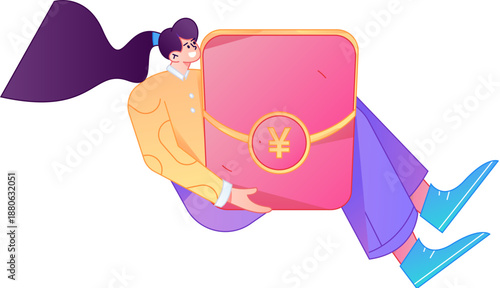 Vector flat gradient illustration of a character holding a red envelope and celebrating Chinese New Year.
