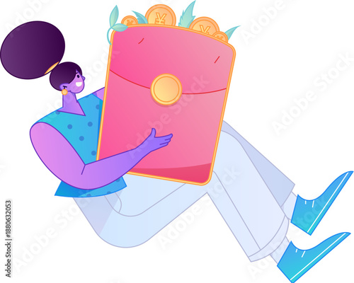 Vector flat gradient illustration of a character holding a red envelope and celebrating Chinese New Year.
