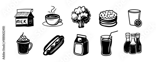 A set of black and white vector icons of food and drinks