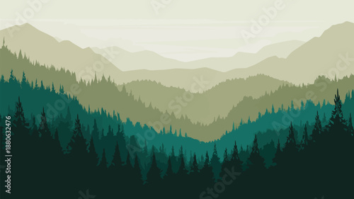 Rolling layers of green and teal mountains covered in evergreen forests extend across the serene vista