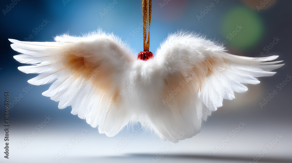 Fototapeta premium A beautiful decorative angel wing ornament hanging gracefully, symbolizing hope and spirituality.