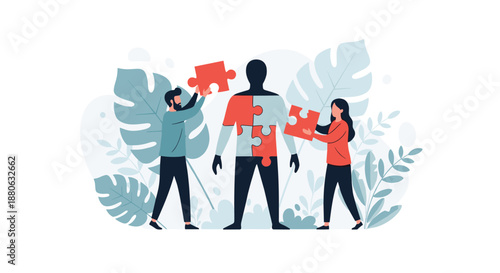 Teamwork concept illustration shows two people placing pieces into a human shaped puzzle against a leafy background.