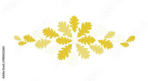 Horizontal decorative border composed of yellow oak leaves in varying shades and textures for autumn themed designs.