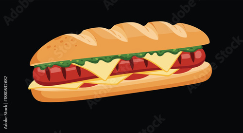 Mouthwatering long hot dog sandwich features a grilled sausage, melted cheese, and green pesto on a black background.