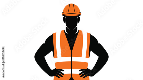 Silhouette of a male construction worker wearing an orange hard hat and reflective safety vest