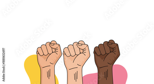 Three raised fists of different skin tones against colorful abstract shapes represent social unity, protest, and equality.