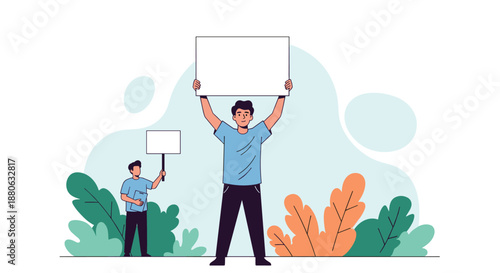 Two male protestors holding blank white signs for a peaceful demonstration or strike in an outdoor park setting with foliage.