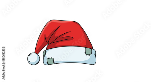 Iconic red Christmas hat with white fur trim and a matching pom-pom, showing small gray patches for a charmingly worn look.