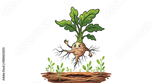 Energetic cartoon root vegetable character with a funny face and long green leaves, appearing to leap out of the garden soil.