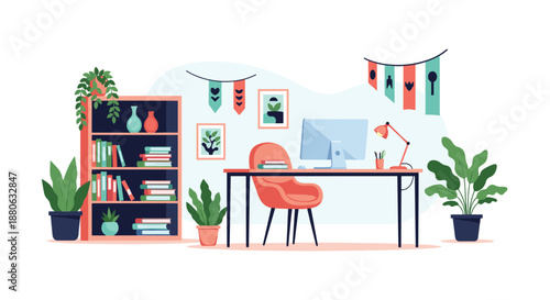 Modern home office workspace featuring a wooden desk, computer, colorful chair, bookshelves, and various indoor potted plants.