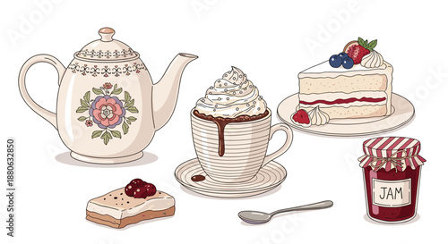 Charming tea time set with a floral teapot, a cup of hot cocoa with whipped cream, cake slices, and a small jar of fruit jam.