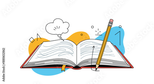 Creative conceptual illustration of an open book with a pencil writing on the pages, surrounded by abstract shapes and a cloud.