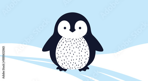 Simple and adorable illustration of a small penguin standing on a snowy hill under a clear light blue sky in the cold arctic.
