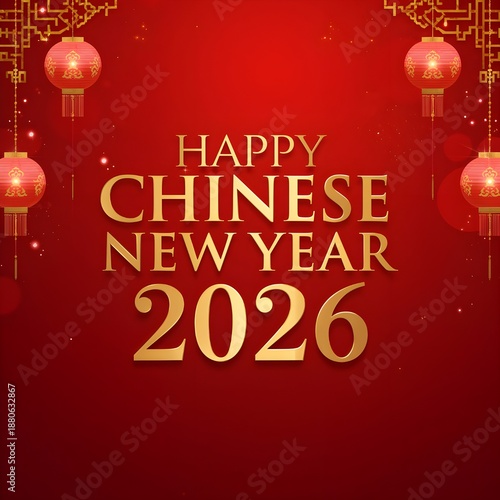 Wallpaper Mural Happy Chinese New Year 2026 Festive Red Background with Hanging Lanterns and Gold Typography.  Torontodigital.ca