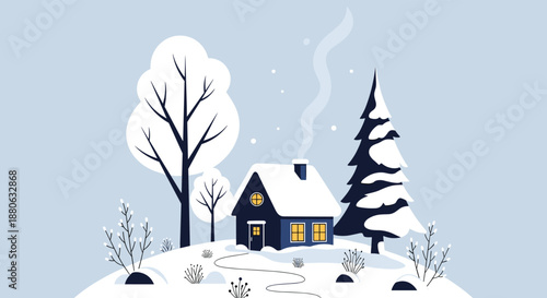 Serene winter landscape showing a cozy dark blue house covered in snow with smoke coming from the chimney and tall pine trees.