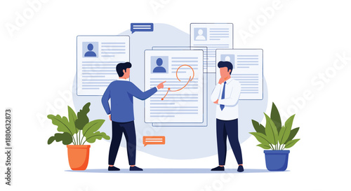 Two professional men discussing documents on a wall board, flanked by large green leafy plants in a modern office environment.