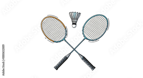 pair of crossed professional badminton rackets with shuttlecock on white background for sports and active lifestyle design.