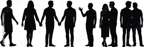 Black silhouette couples holding hands and talking people relationship communication vector illustration set isolated white background lifestyle