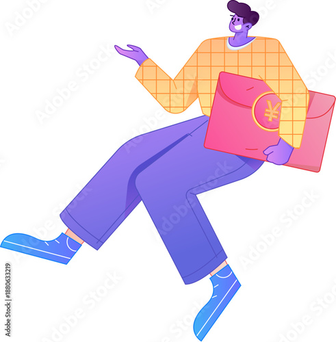 Vector flat gradient illustration of a character holding a red envelope and celebrating Chinese New Year.
