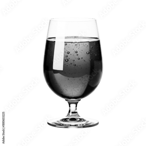 Black and white halftone illustration of a goblet glass filled with water and bubbles, isolated on white background. Minimalist retro style drink concept.