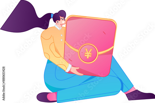 Vector flat gradient illustration of a character holding a red envelope and celebrating Chinese New Year.
