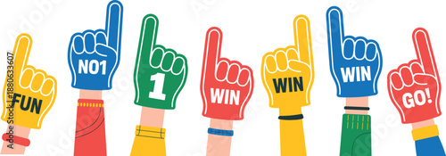 Colorful foam finger hands illustration, cheering fan gloves for sports victory celebration vector design