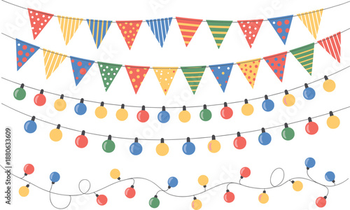 Colorful party bunting and string lights illustration, festive celebration decoration elements for events backgrounds design