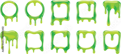 Green slime dripping alphabet frames, gooey liquid letters set, cartoon toxic slime typography illustration