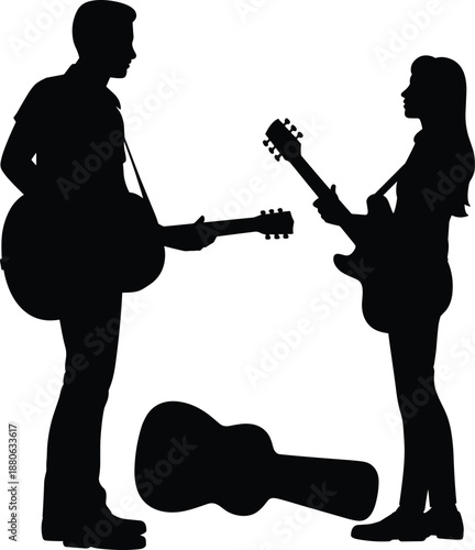 Guitar duet musician silhouettes, male and female performers facing each other acoustic music vector illustration