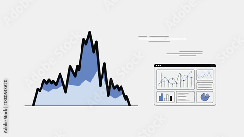 Spiked layered area chart illustrating volatile data trends next to a comprehensive statistical dashboard display