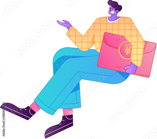 Vector flat gradient illustration of a character holding a red envelope and celebrating Chinese New Year.
