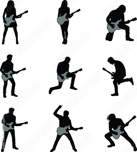 Electric guitar player silhouettes set, rock music performance poses vector illustration isolated black design