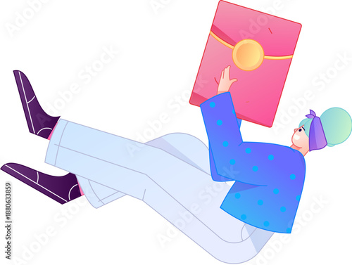 Vector flat gradient illustration of a character holding a red envelope and celebrating Chinese New Year.
