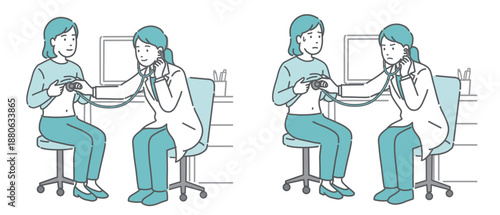 白衣の女性医師による女性患者の聴診イラストセット（正常・異常/体調不良）