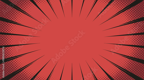 Striking red comic book background with intense dark radial speed lines and vintage halftone dots