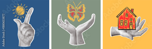 Retro collage set in hand drawn style drawings made with colored crayons. Halftone hands with naive kids elements.