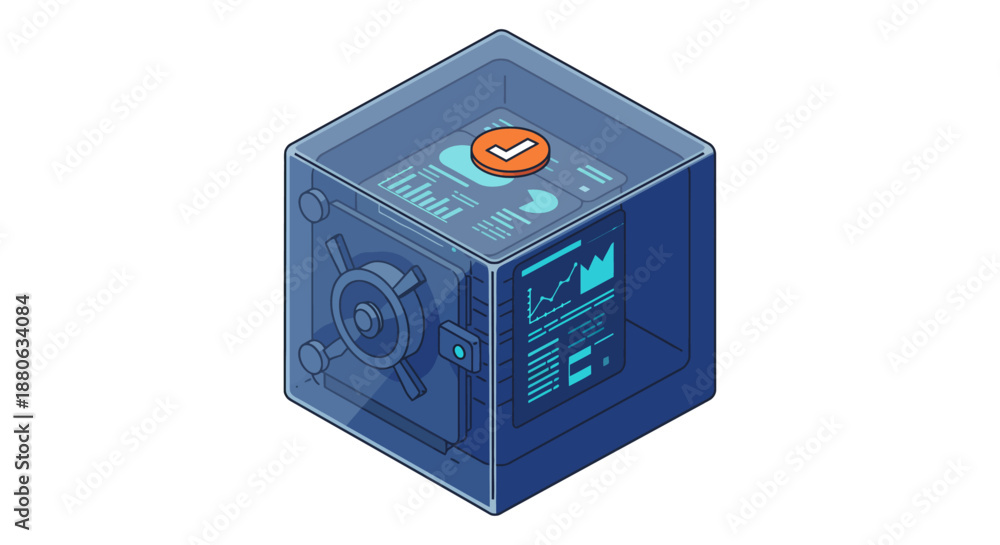 Fototapeta premium digital data protection concept with verified financial analytics and secure information inside a transparent isometric safe