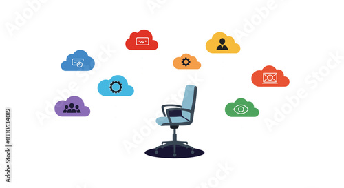 cloud computing business solutions surrounding an office chair symbolizing centralized management of diverse digital operations customer data and financial reporting for enterprise strategy