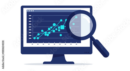 data analysis examining a statistical chart on a computer monitor with a magnifying glass visualizing market trends for crucial business intelligence.