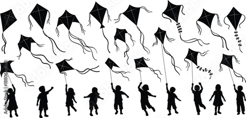 Black silhouette children flying many kites together outdoor playful childhood activity vector illustration set isolated white background summer
